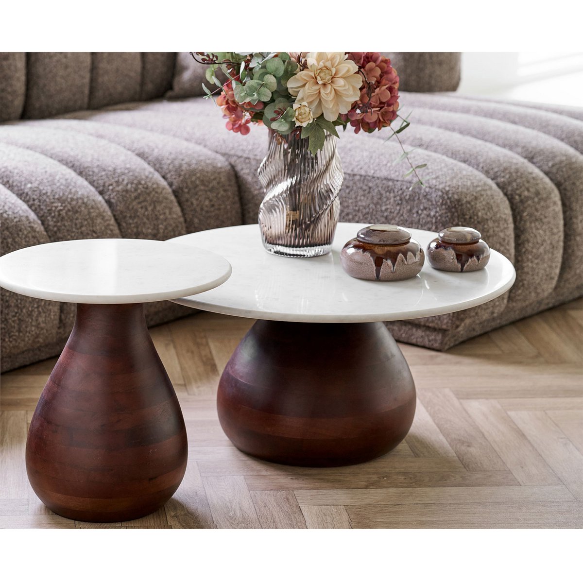 Heide Couchtisch, Mangoholz/Marmor, dunkelbraun/weiß, ø70x35 cm