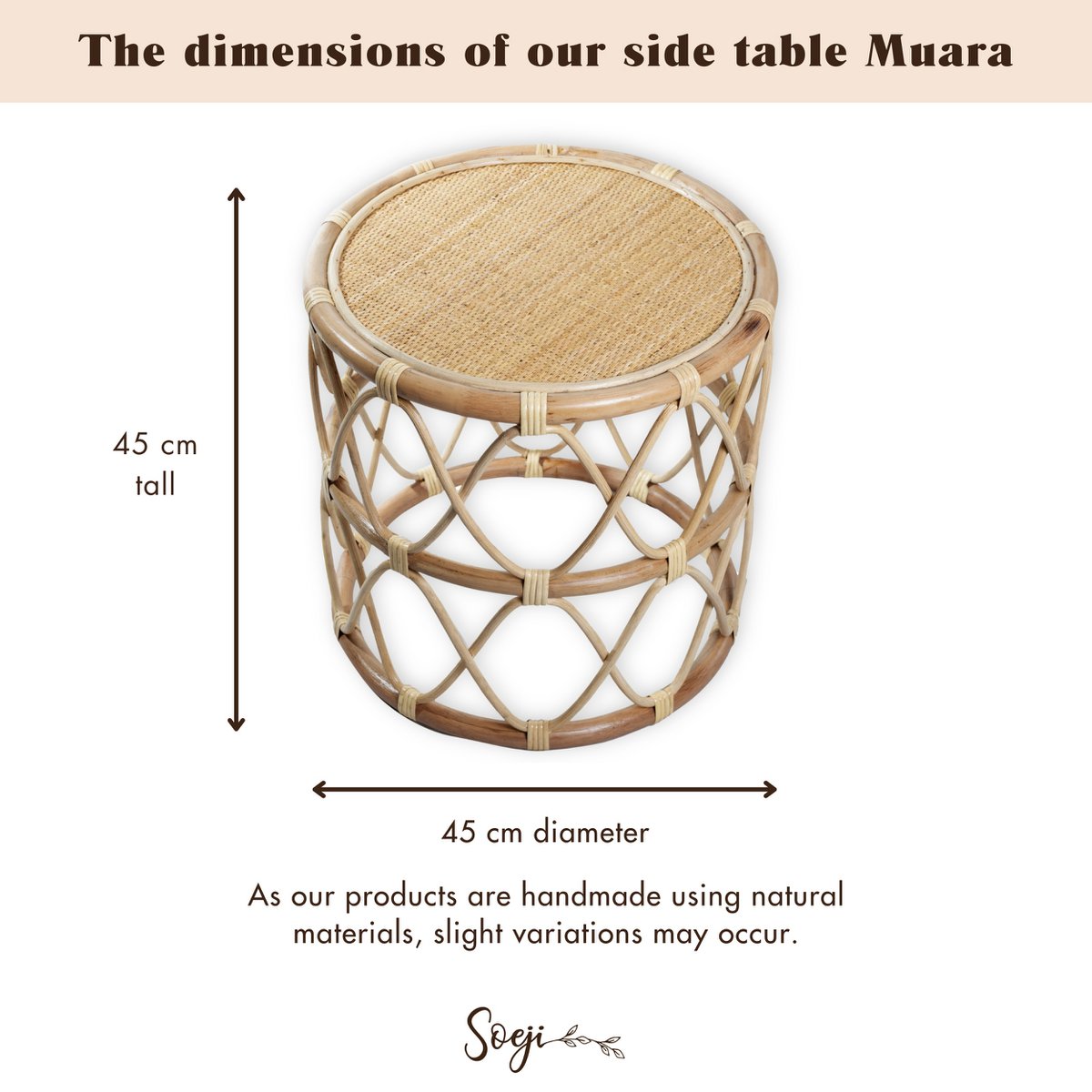 Runder Rattan-Beistelltisch – Kleiner Boho-Couchtisch – Nachttisch Rattan Beige – Handgefertigter Tisch aus natürlichem Rattan (Ø 45 cm) MUARA