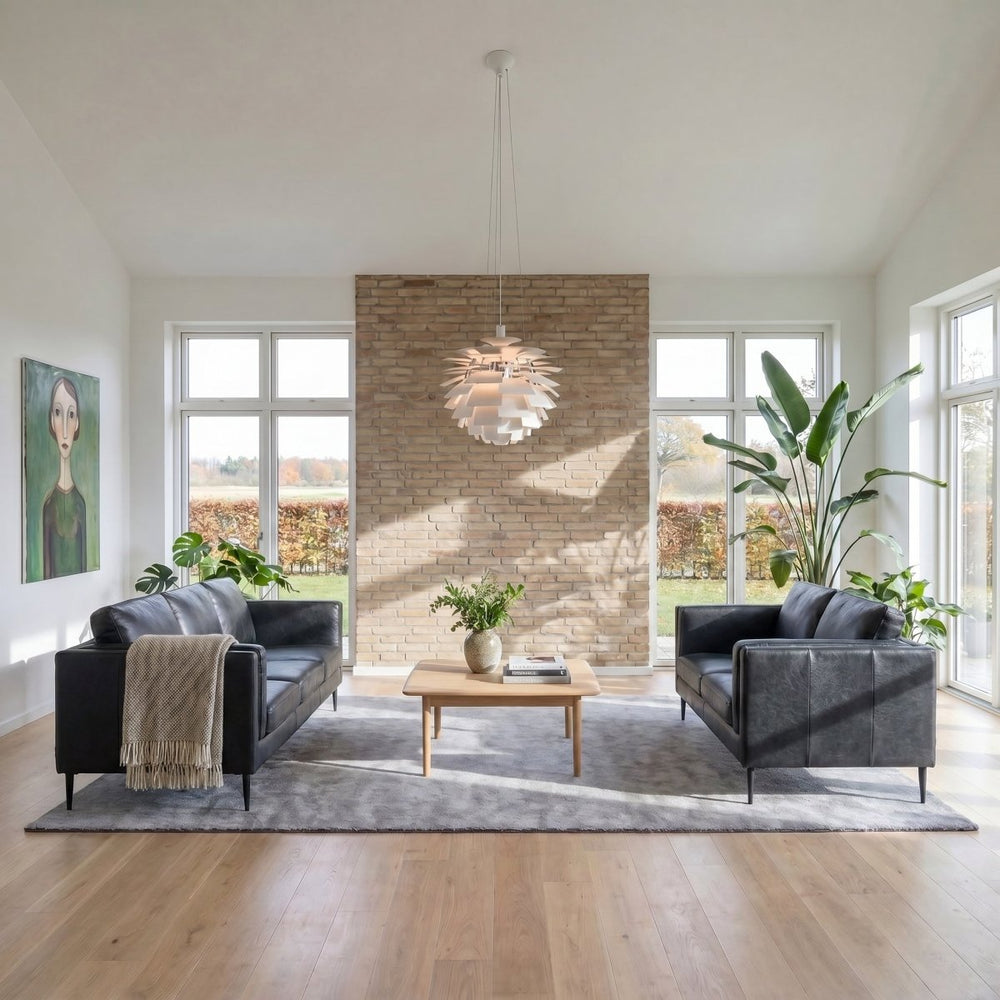 2-Sitzer Ledersofa Valencia – Echtleder Schwarz, skandinavisches Design