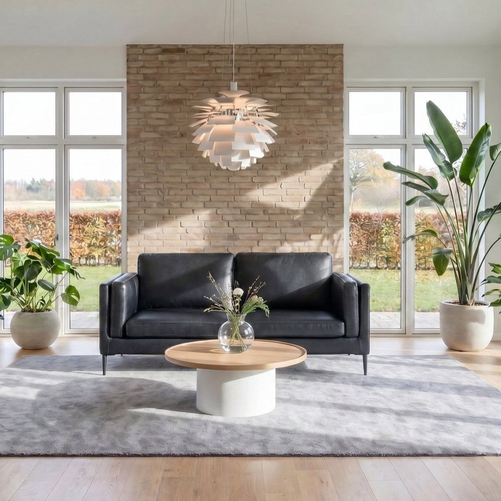 2-Sitzer Ledersofa Valencia – Echtleder Schwarz, skandinavisches Design