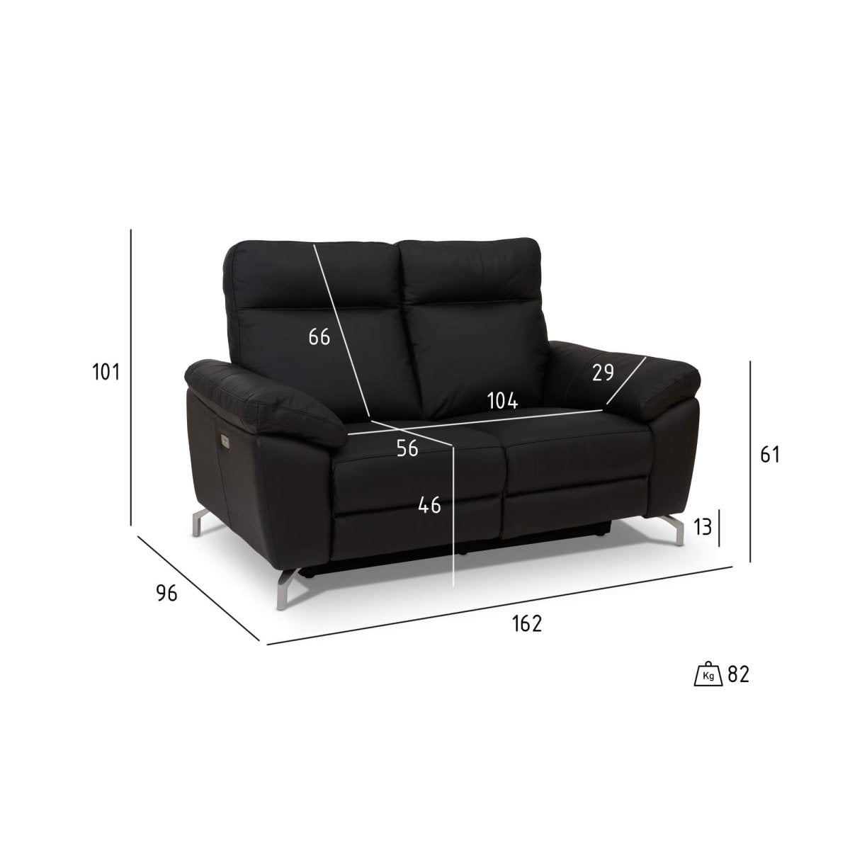2-Sitzer Sofa - mit Elektrische Relaxfunktion, USB - Echtleder Schwarz