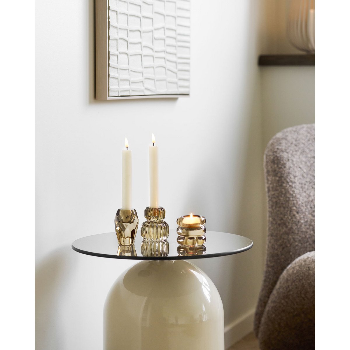 Ravello Beistelltisch, gehärtetes Glas/Metall, grau/beige, ø40x52 cm