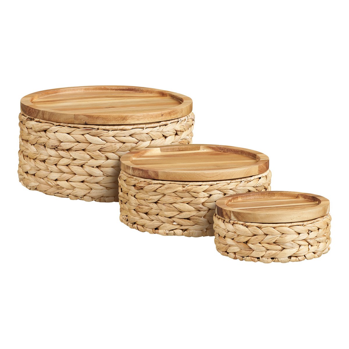 Botofte Körbe mit Holzdeckel, Wasserhyazinthe, natur, 3er-Set