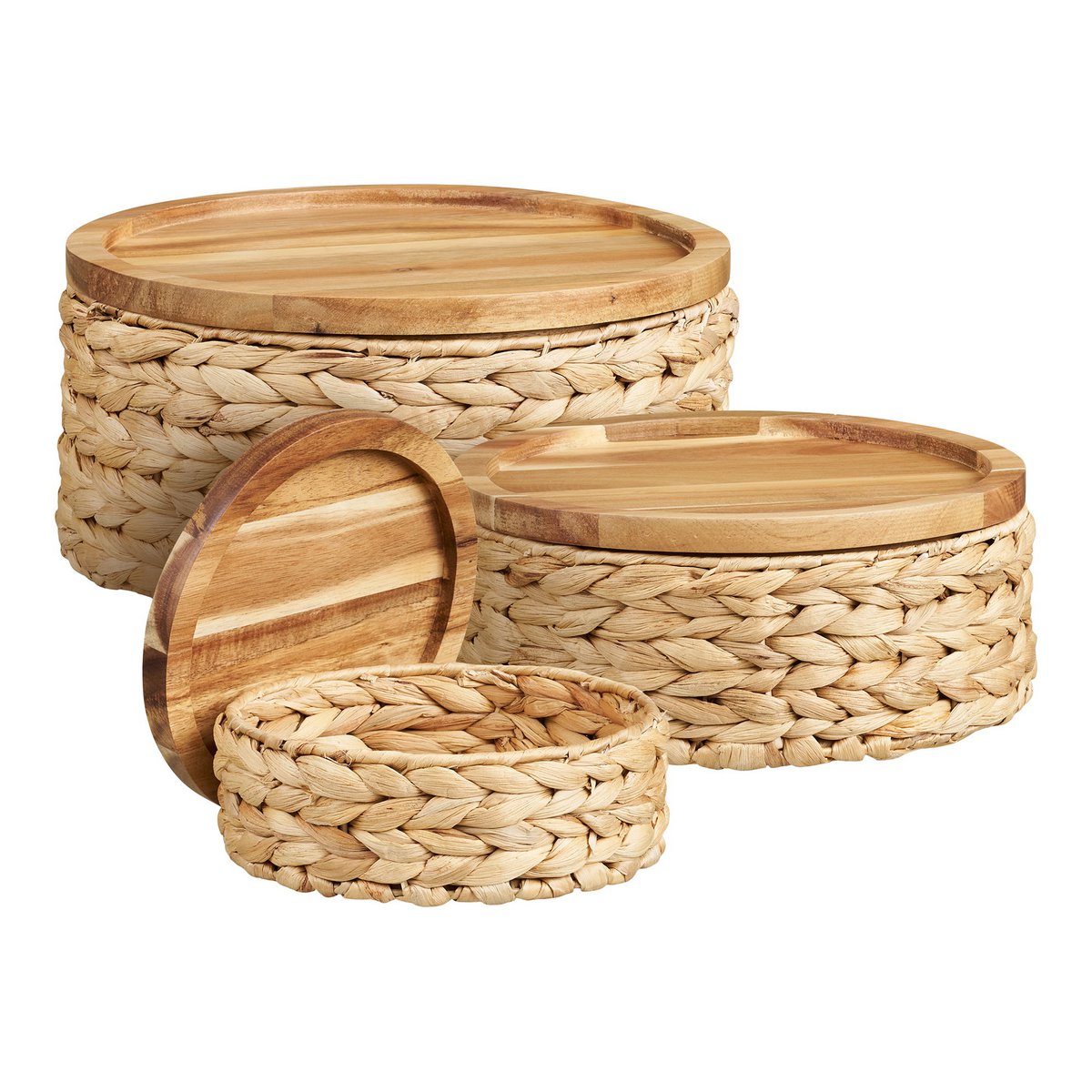 Botofte Körbe mit Holzdeckel, Wasserhyazinthe, natur, 3er-Set