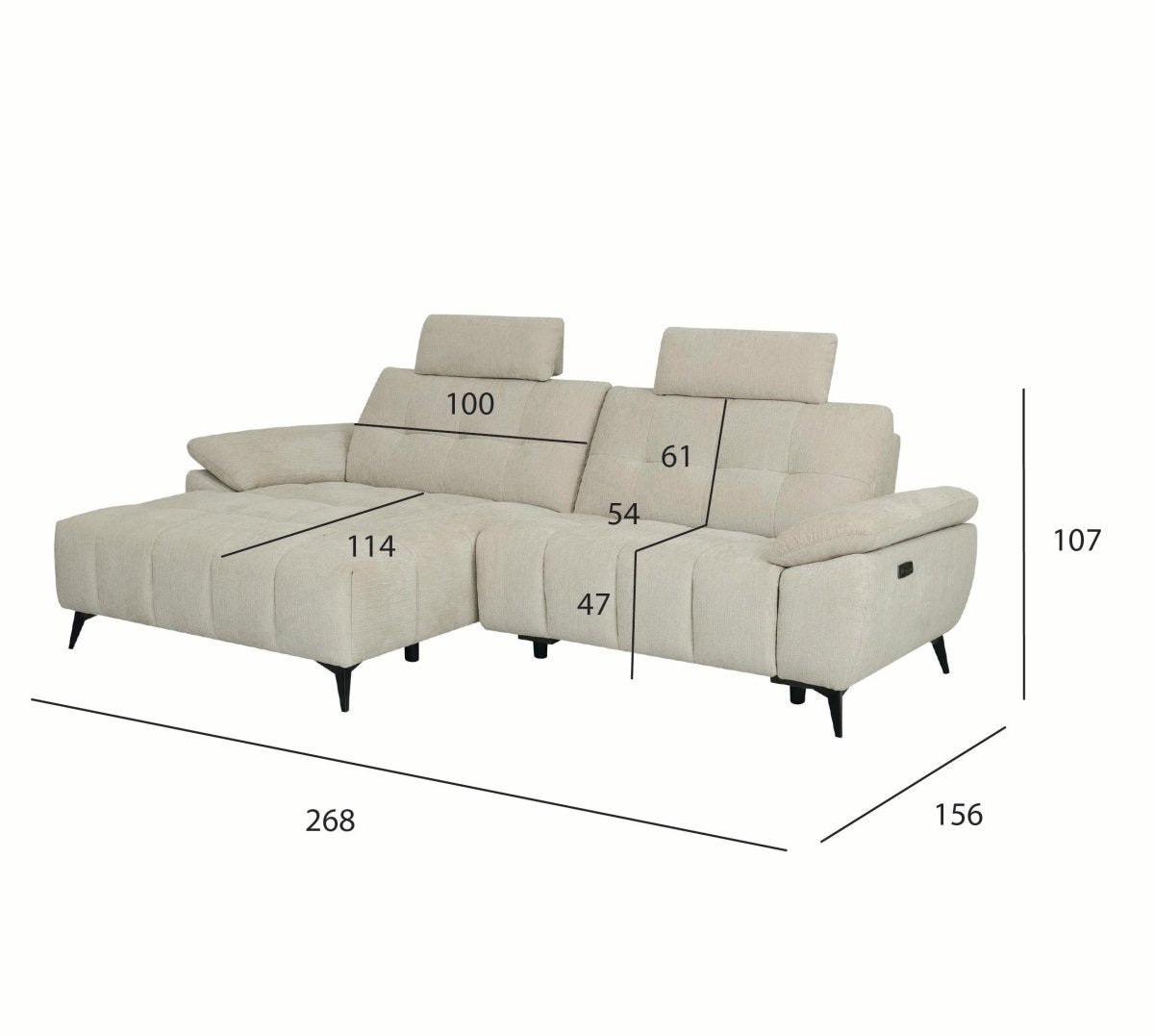 L-Form Ecksofa Links - mit Elektrische Relaxfunktion, USB - Stoffbezug Creme Beige