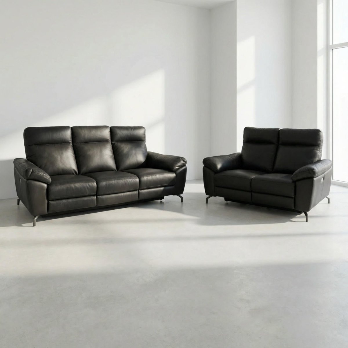 Couchgarnitur 3+2 - mit Elektrische Relaxfunktion, USB - Lederbezug Schwarz