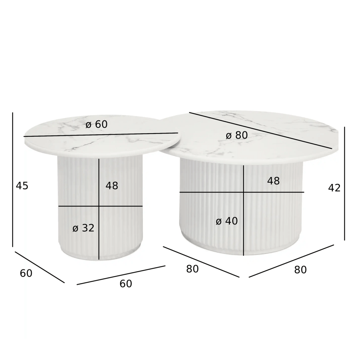 Couchtisch 2er Set ø60/80 cm - Marmoroptik & Lamellenoptik Weiß