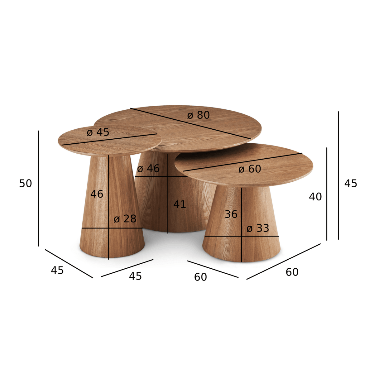 Couchtisch 3er Set ø80/60/45 cm - Wildeiche