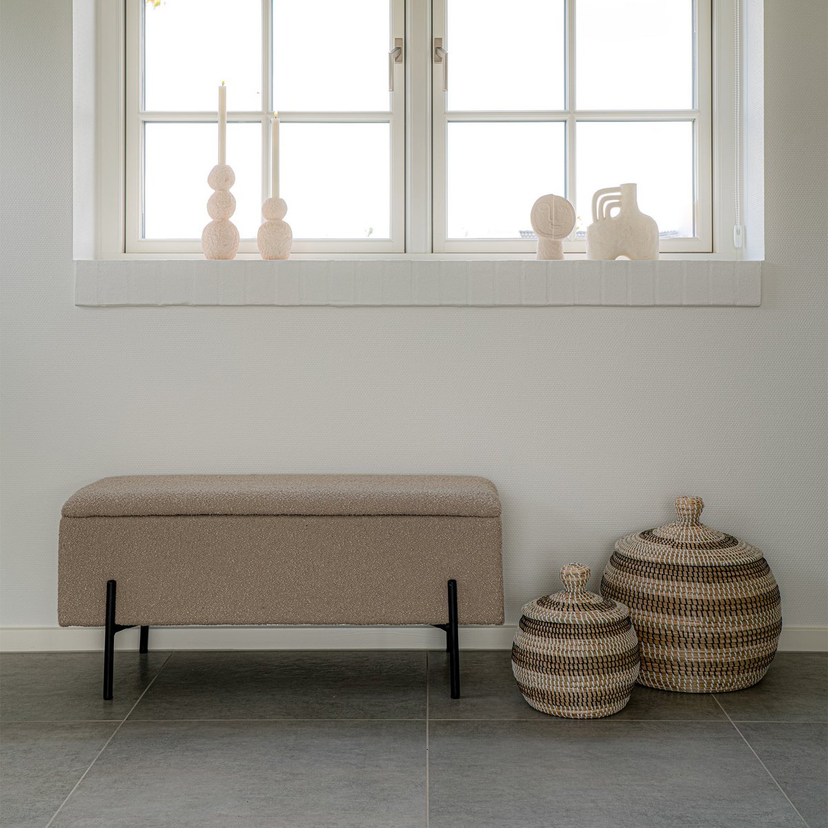 Watford Bank – Beige, Bouclé, mit Stauraum 95 x 36,5 x 43 cm