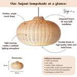 Großer Rattan -Lampenschirm - Runde Boho -Anhänger Licht - handgefertigte Rattan -Hängelampe - Naturfaser gewebter Lampenschirm (Ø 56 cm) Anjani