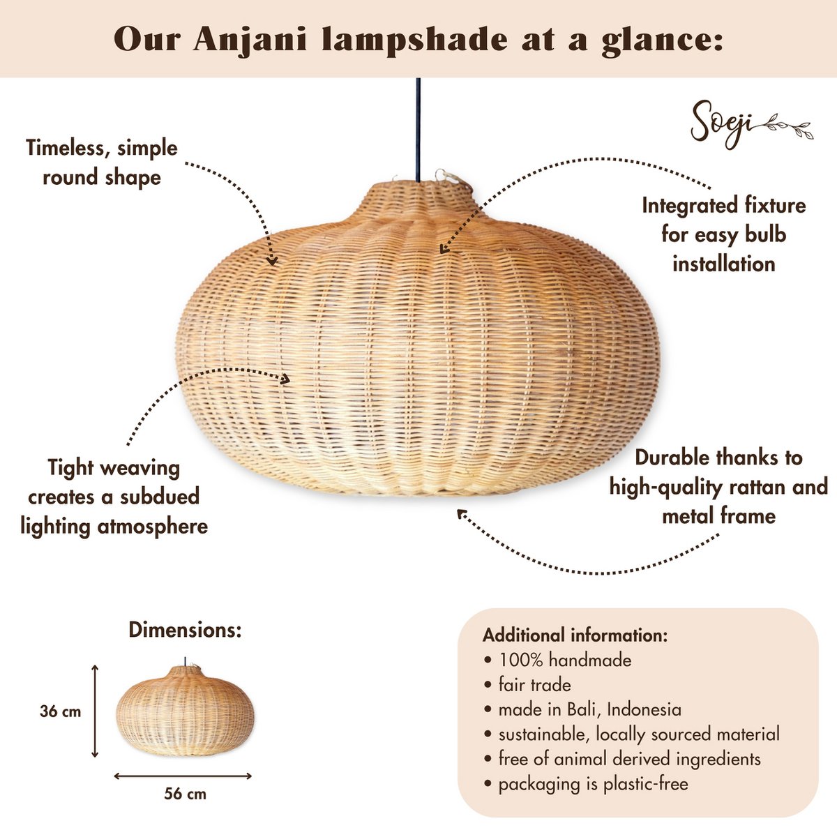 Großer Rattan -Lampenschirm - Runde Boho -Anhänger Licht - handgefertigte Rattan -Hängelampe - Naturfaser gewebter Lampenschirm (Ø 56 cm) Anjani