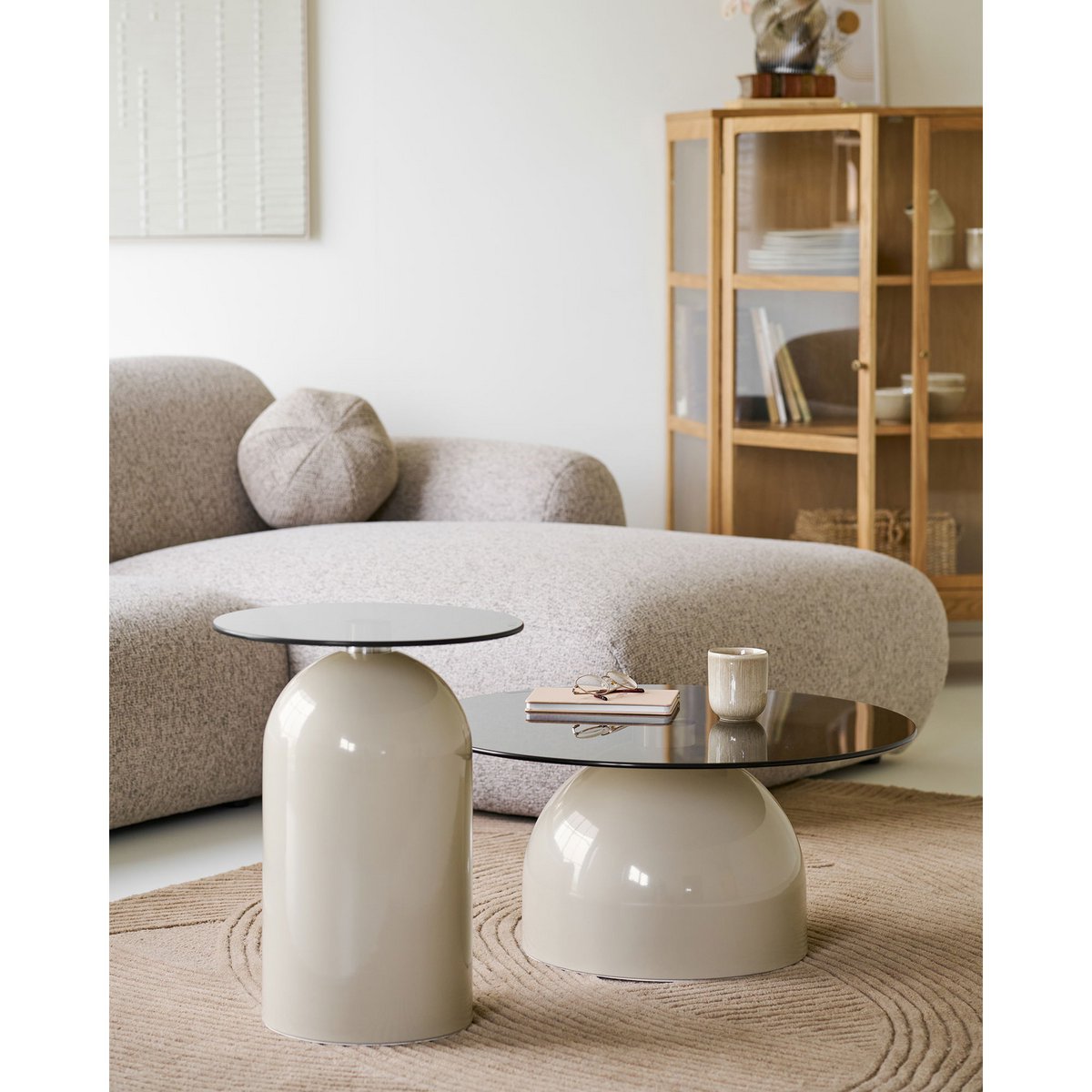 Ravello Beistelltisch, gehärtetes Glas/Metall, grau/beige, ø40x52 cm