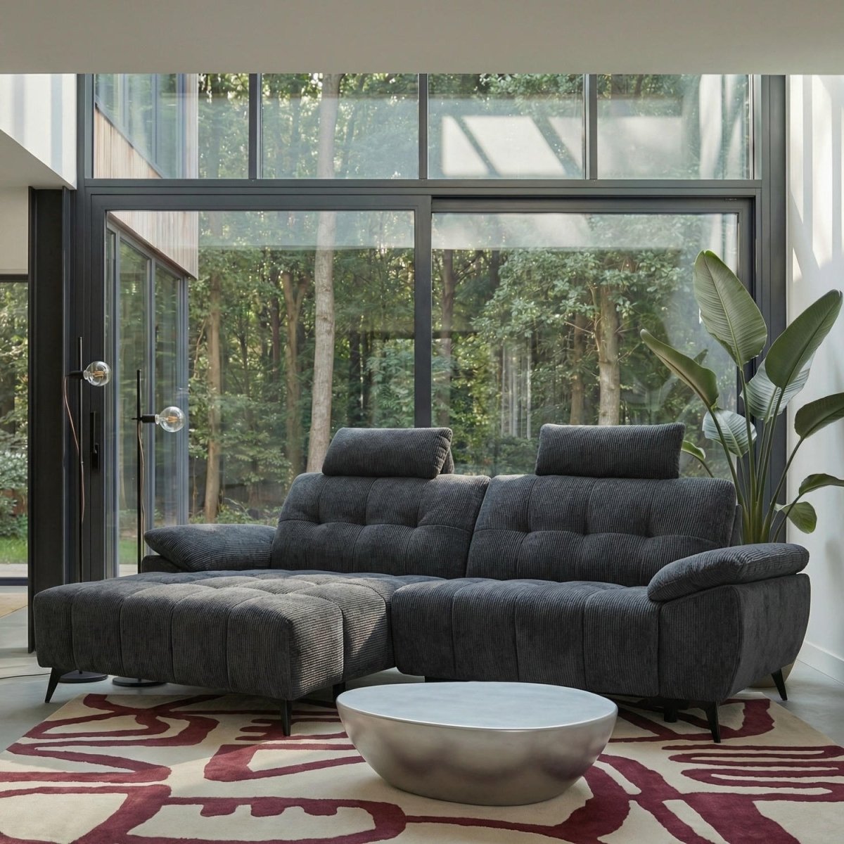 L-Form Ecksofa Links - mit Elektrische Relaxfunktion, USB - Stoffbezug Grau