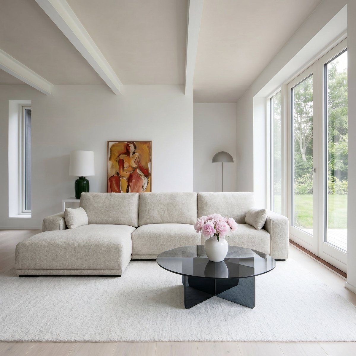 L-Form Ecksofa Links - Stoffbezug Creme