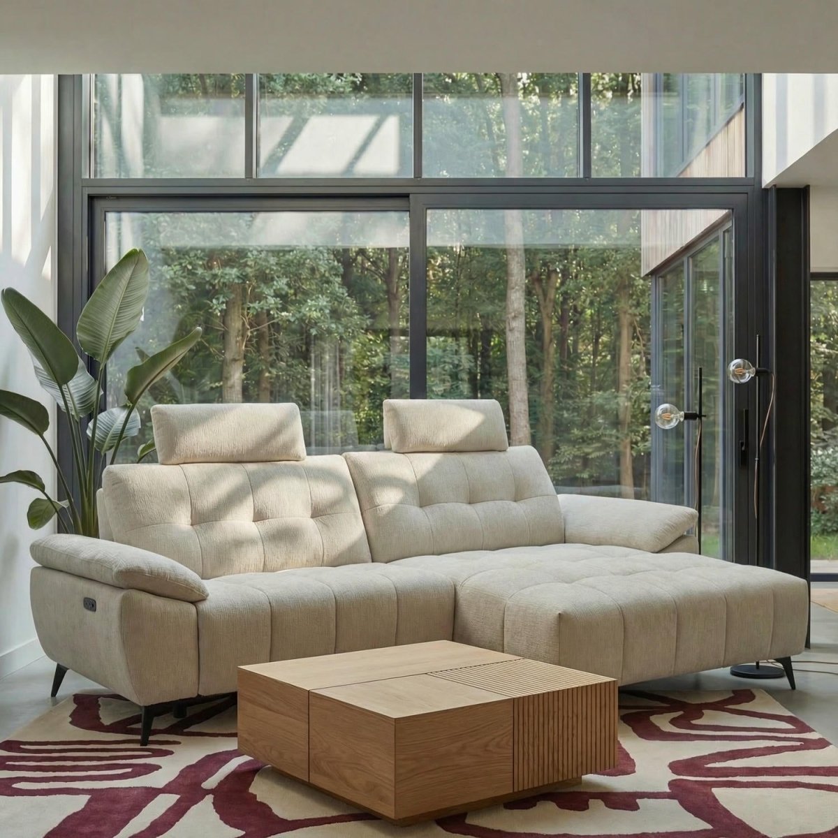 L-Form Ecksofa Rechts - mit Elektrische Relaxfunktion, USB - Stoffbezug Creme Beige