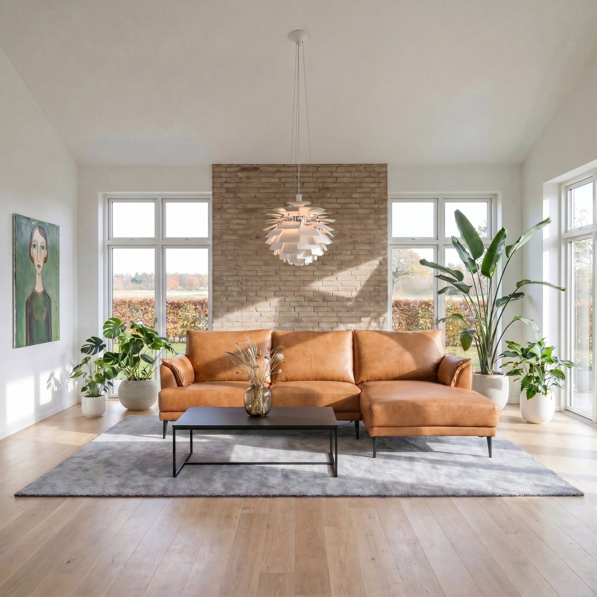 L-Form Ledersofa mit Ottomane Rechts - Echtleder Cognac Braun
