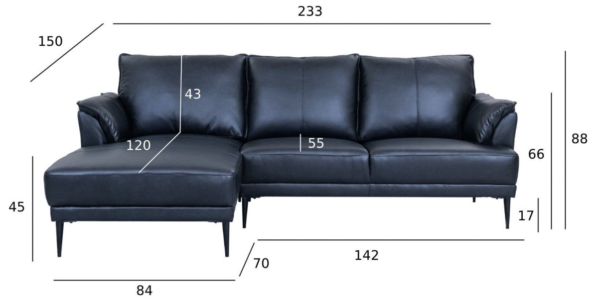 L-Form Ledersofa mit Ottomane Links - Echtleder Schwarz